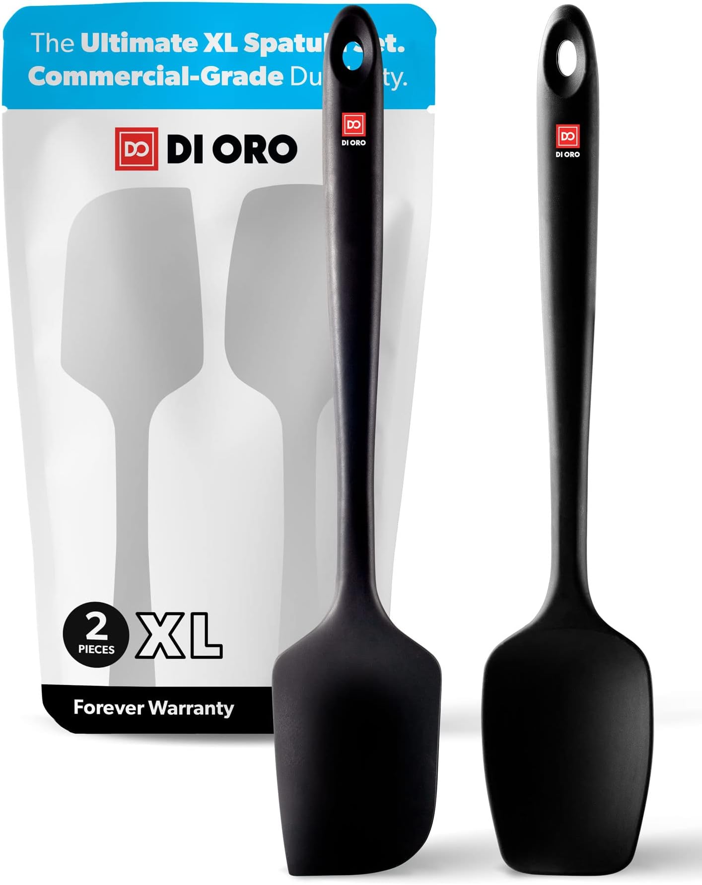 DI ORO Seamless Series 2-Piece Silicone Pro XL Spoonula & Spatula Set - 600°F Heat-Resistant Nonstick Rubber - Large Scrapers for Mixing & Baking (Black)