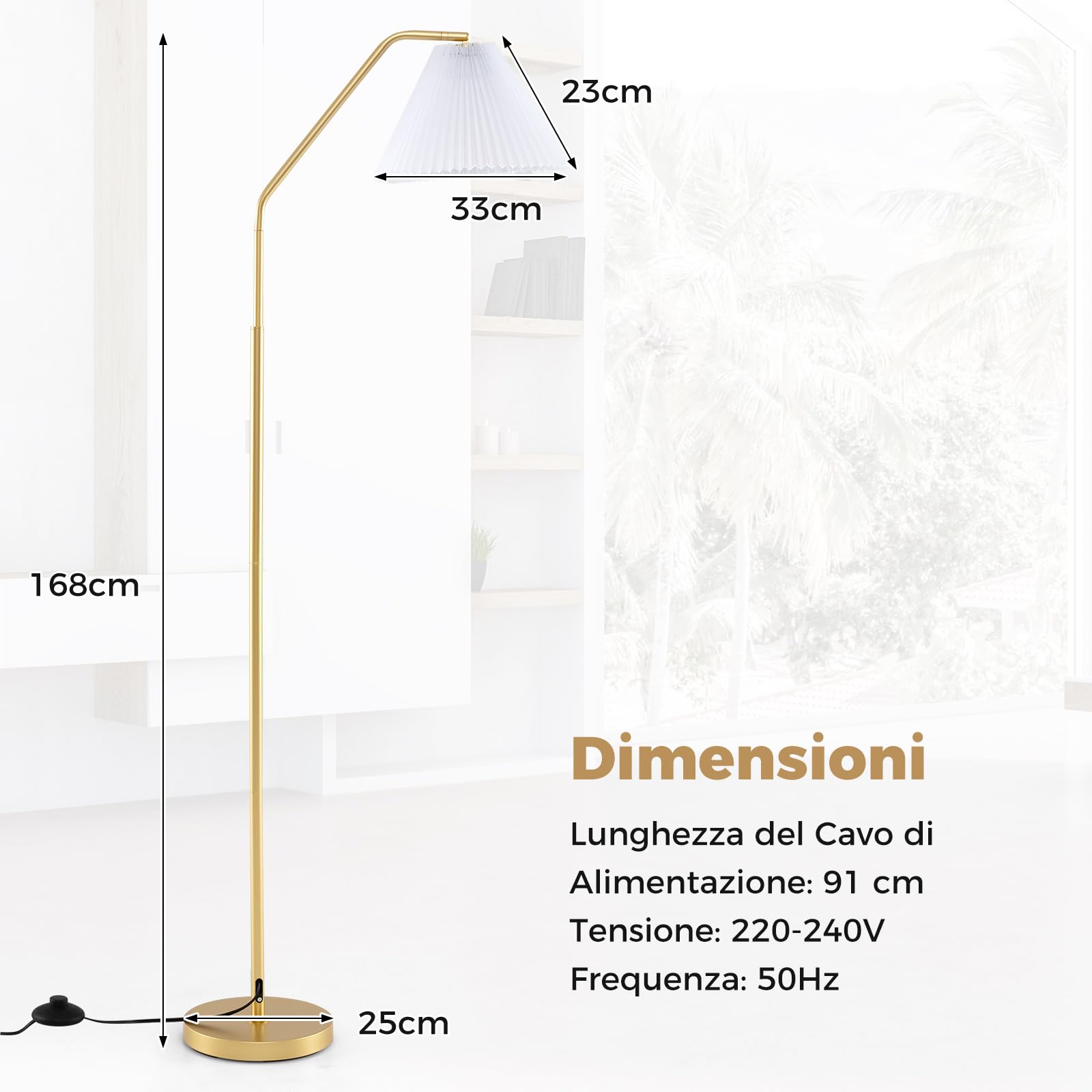 COSTWAY Lampada da Terra ad Arco con Paralume e Testa Regolabile | Piantana da Terra con Interruttore a Pedale e Presa E27, Moderna per Salotto, Soggiorno e Ufficio, Oro e Bianco