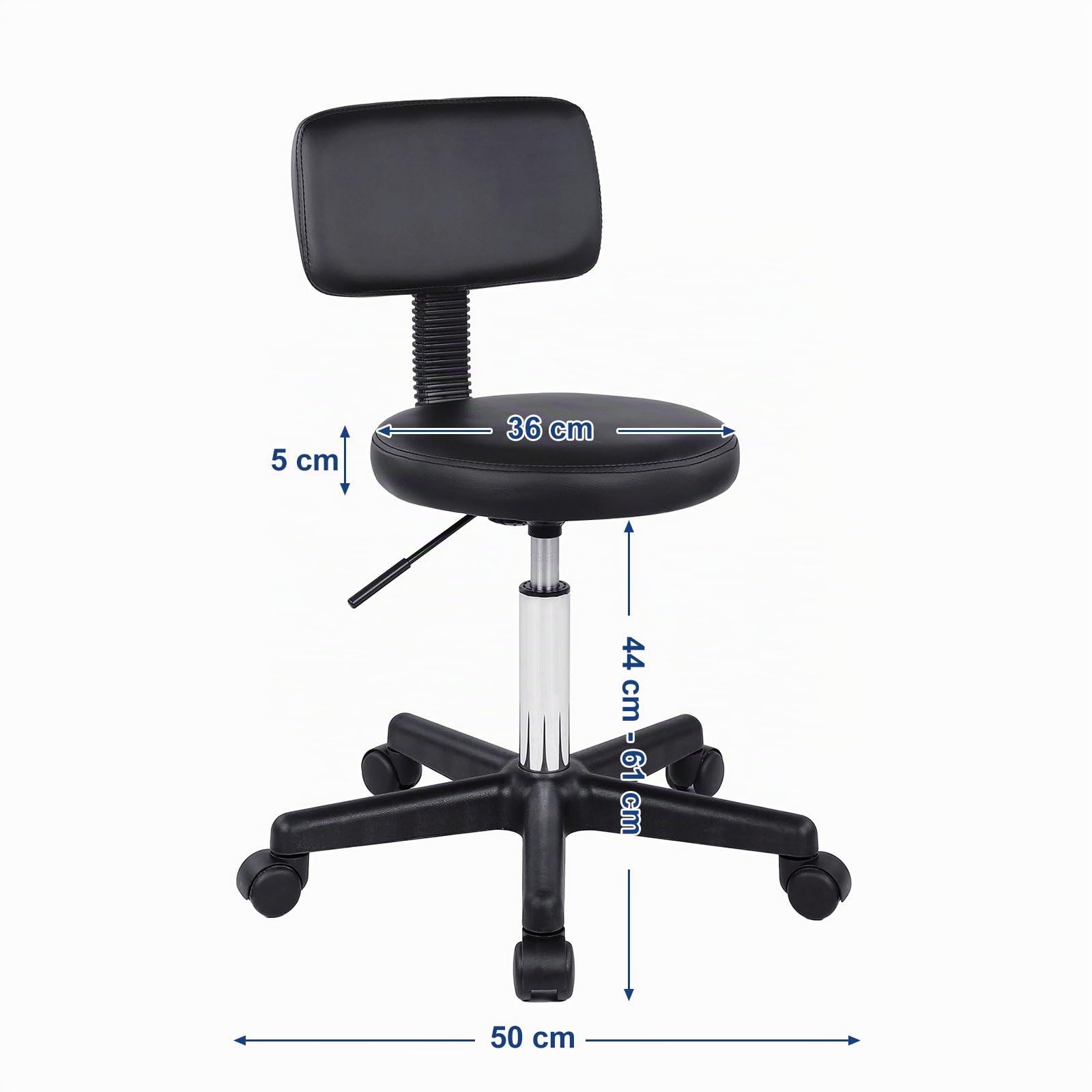 SONGMICS LJB82B - Sgabello da lavoro con ruote, in PU, con schienale regolabile in altezza continua, girevole a 360°, colore: Nero