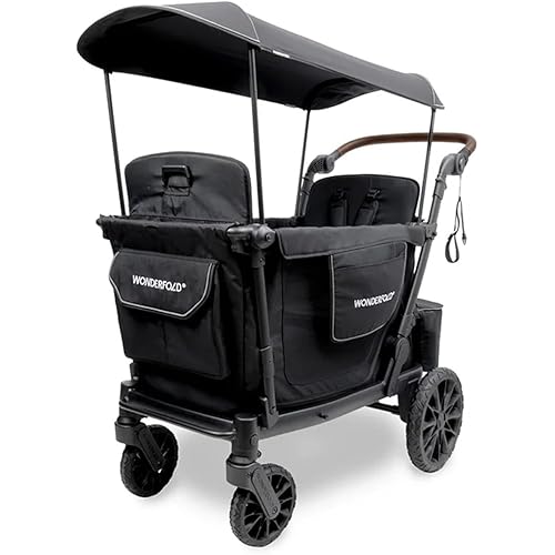 WONDERFOLD L2 Double Stroller Wagon (2 Seater) - Collapsible Wagon Stroller with Seats with 5-Point Harnesses, Side Entrance, and Adjustable UPF50+ Canopy - Black
