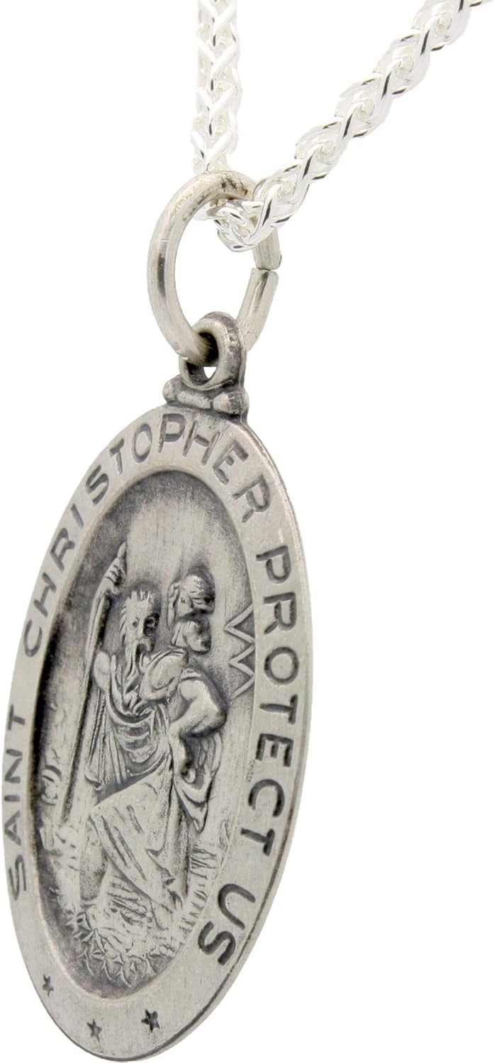 All Patron Saints St Christopher Medal Necklace – Solid Sterling Silver Oval Medallion and Chain – Personalized Engraving – Gift Box (Size 24 x 16 MM (Adult Male) Engravable)