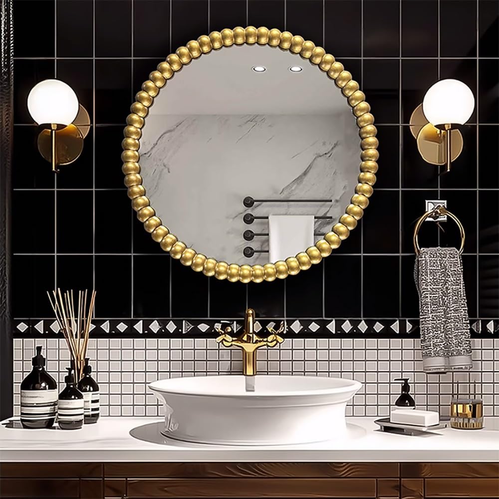 SXFSDOU Baroque Round Mirror for Living Room Wall, 27.5"x27.5" Beaded Frame Bathroom Mirror, Antique Vanity Gold Ornate Decorative Bathroom,