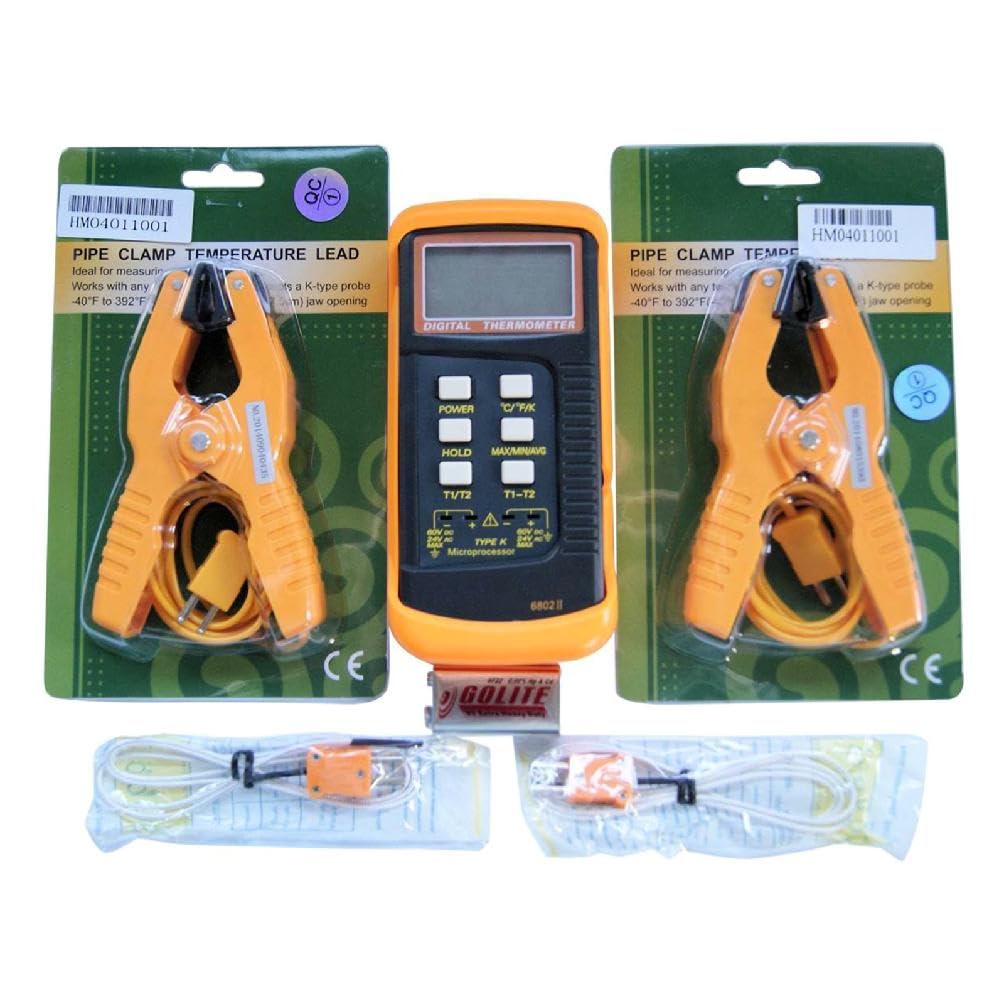 6802II Digital Temperature Tester Duouble Channel Thermometer Temperature Meter TypeK with Display Screen +Pipe Clamps Digital Thermocouple Thermometer