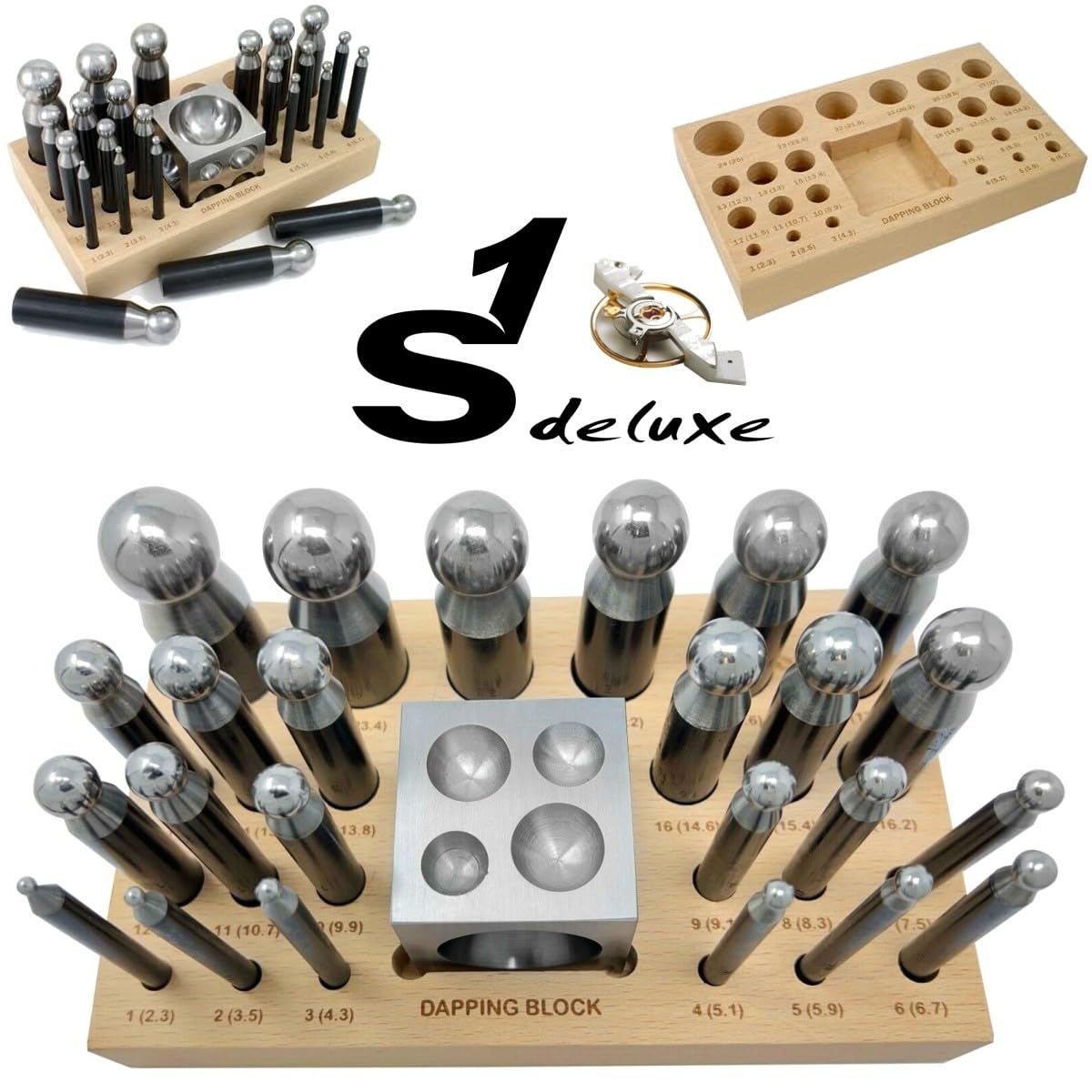 Juego de 25 punzones y bloques de acero con soporte de madera para manualidades de metal