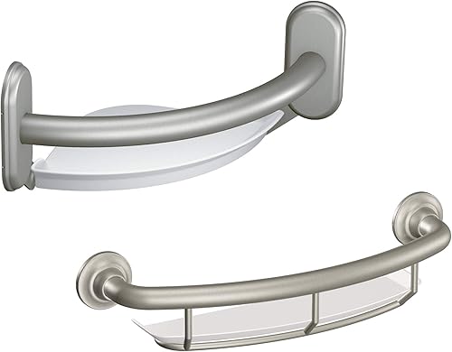 Moen LR2354DBN Barra de agarre para baño con estante esquinero, níquel cepillado con Moen R2356DBN Home Care Barra de agarre de 16 pulgadas con