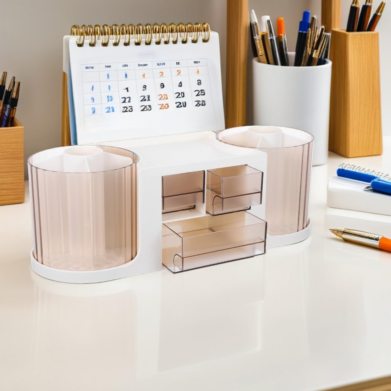 DOITOOL Organizador de Escritorio Giratorio con Cajón Portalápices Transparente Doble Rotación para de Oficina Almacenamiento de Papelería y Accesorios de Arte