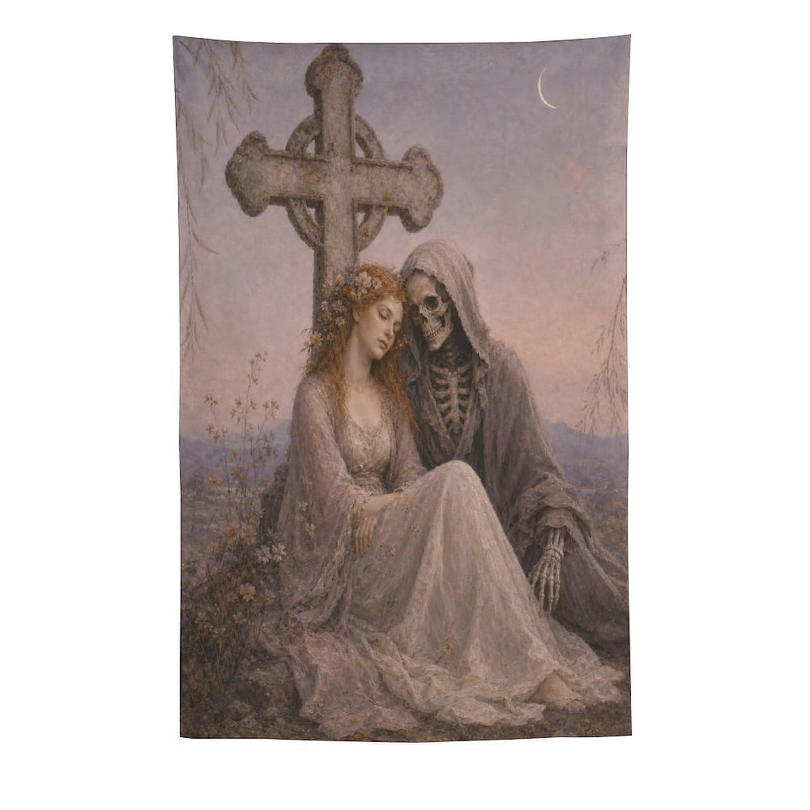 H3B8U2Y5 Bride with Death Wall Tapestry, Fantasy Illustration, Living Room
