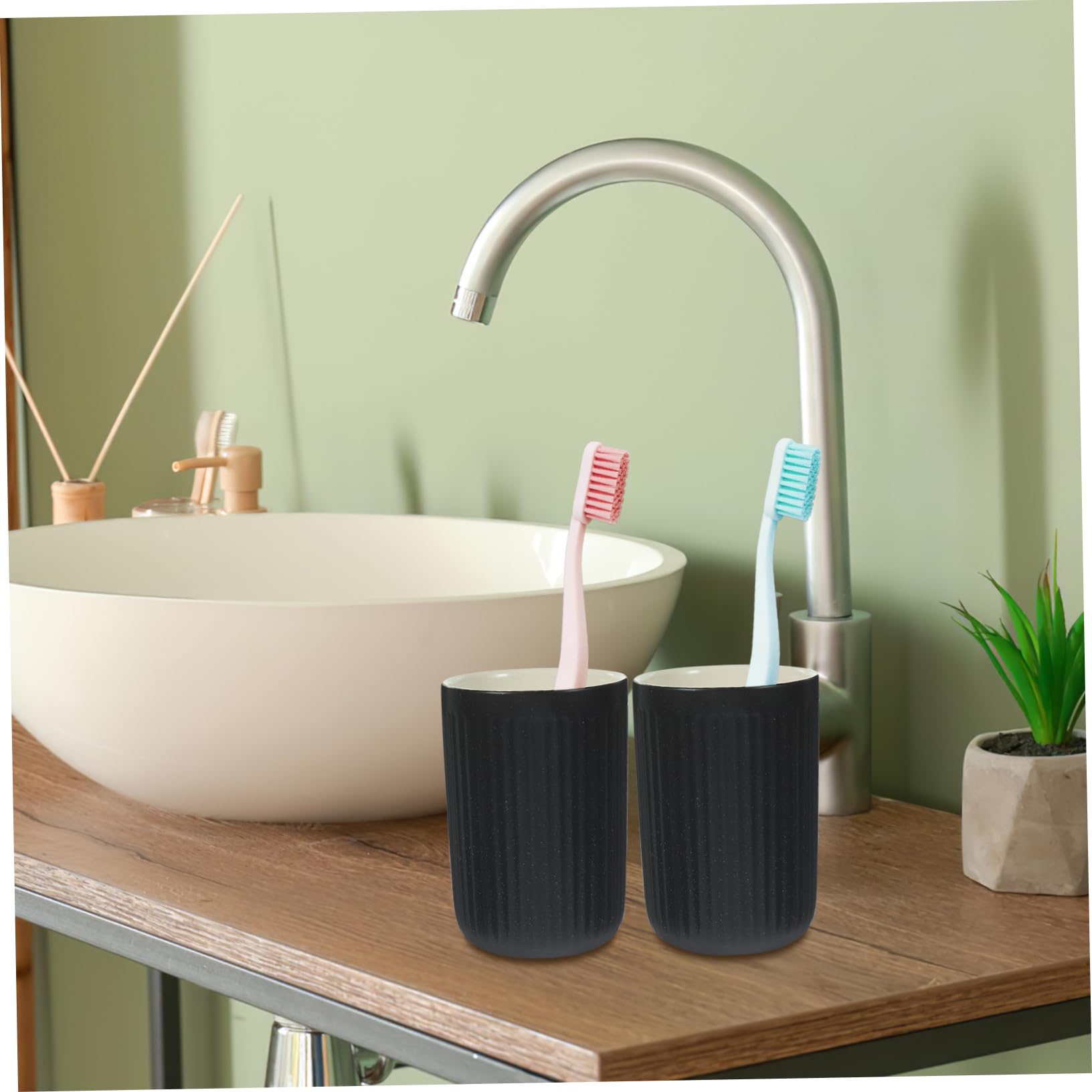 Happyyami 2 Vasos de Cerámica Negra de 300ml para Cepillos de Dientes y Enjuague Bucal, Reutilizables y Cómodos para Camping y Viaje