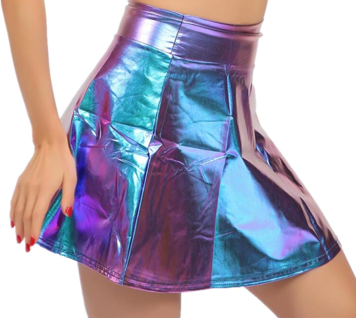 Women Ladies PU Leather Mini Skirt Sexy High Waist Shiny Metallic Skirt for Party Cocktail Dress Performance Costume