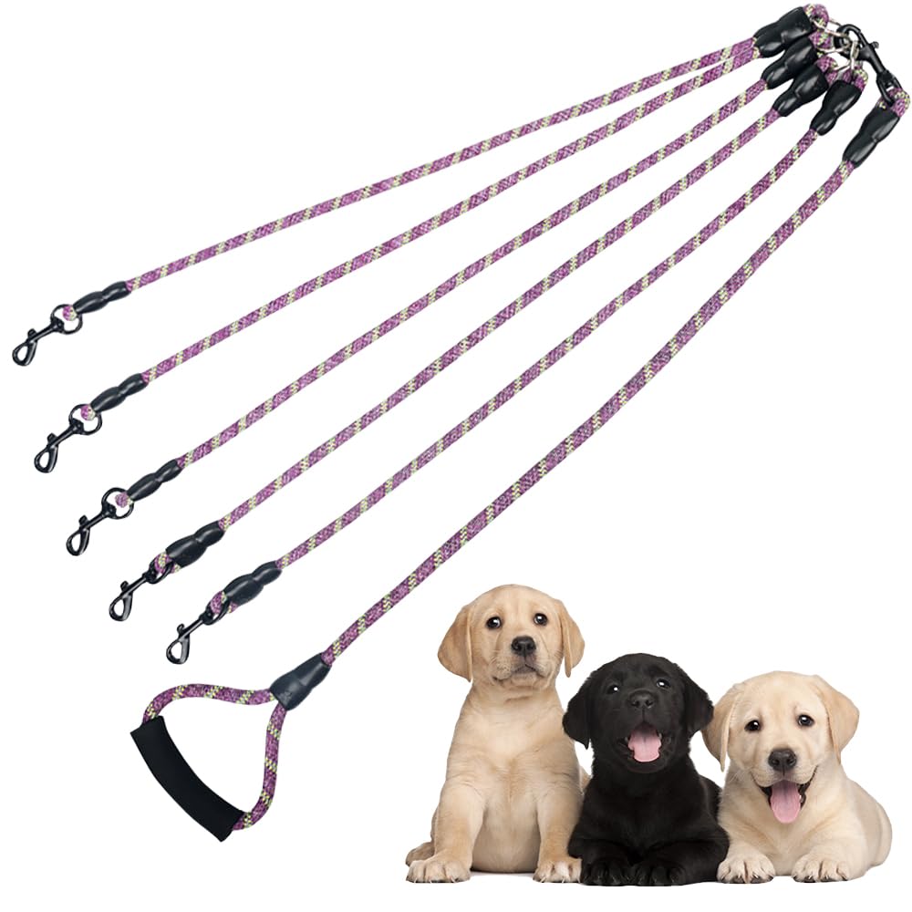 Dual Dog Leash 360° Tangle-Free - Reflective Heavy Duty, Comfortable Handle for Small/Medium/Large Dogs, Support Multiple Rope Addition (Purple 1, Five Leashes)