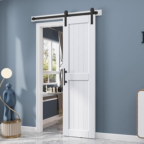 EaseLife Puerta corredera de granero de 24 x 84 pulgadas con kit de riel de puerta de granero de 4 pies incluido, losa de madera LVL maciza cubierta