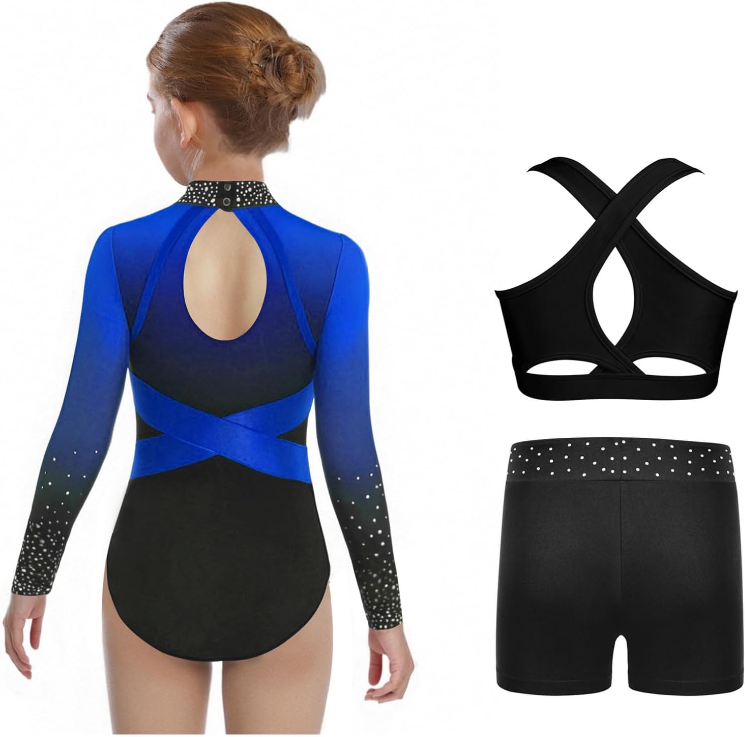 Oyolan Gymnastics Leotards for Girls Sparkly Long Sleeve Ballet Dance Leotard Bodysuit Vest with Tumbling Shorts Set