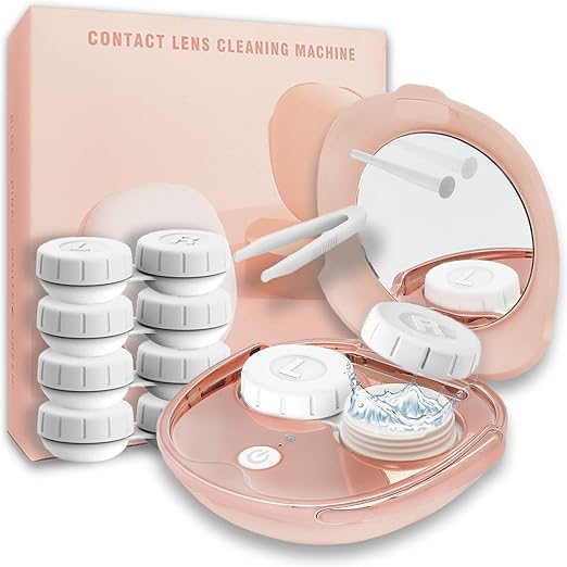 Pink Ultrasonic Contact Lens Cleaner - Portable Machine with USB Charger, Solution Soak Case Kit for Soft, Colored, Hard, RGP, and OK Lenses