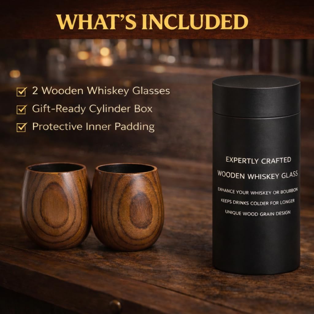 Charred Wooden Bourbon Drinking Glass (Set of 2) – Hand Carved Whiskey Glass with Real Fire Charred Interior – Wooden Bourbon Tumbler Gift Box for Men, Dad, Husband – Unbreakable Old Fashioned Cup