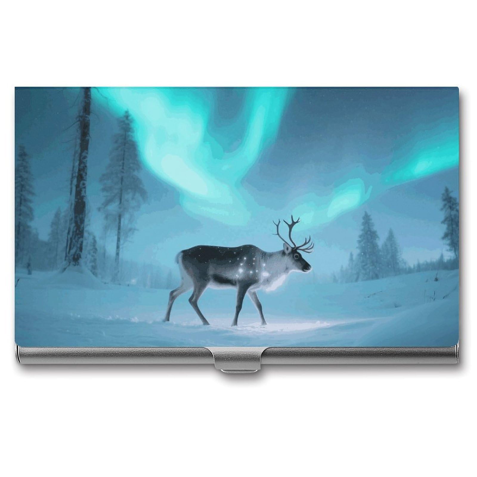 Lpsadgf Men's Reindeer In Aurora Forest Business Card Holder Slim - Metal Aluminum Alloy Credit Card Holder Case, Professional Flip Cover Business Cards Organizer Wallet For & Wo (Buckle Style)
