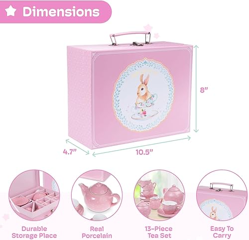 Miniatura 10 de Jewelkeeper Juego de té de porcelana para niñas pequeñas con cesta de picnic rosa, 13 piezas, mini juegos de té para niñas de 2 a 4 años, tazas