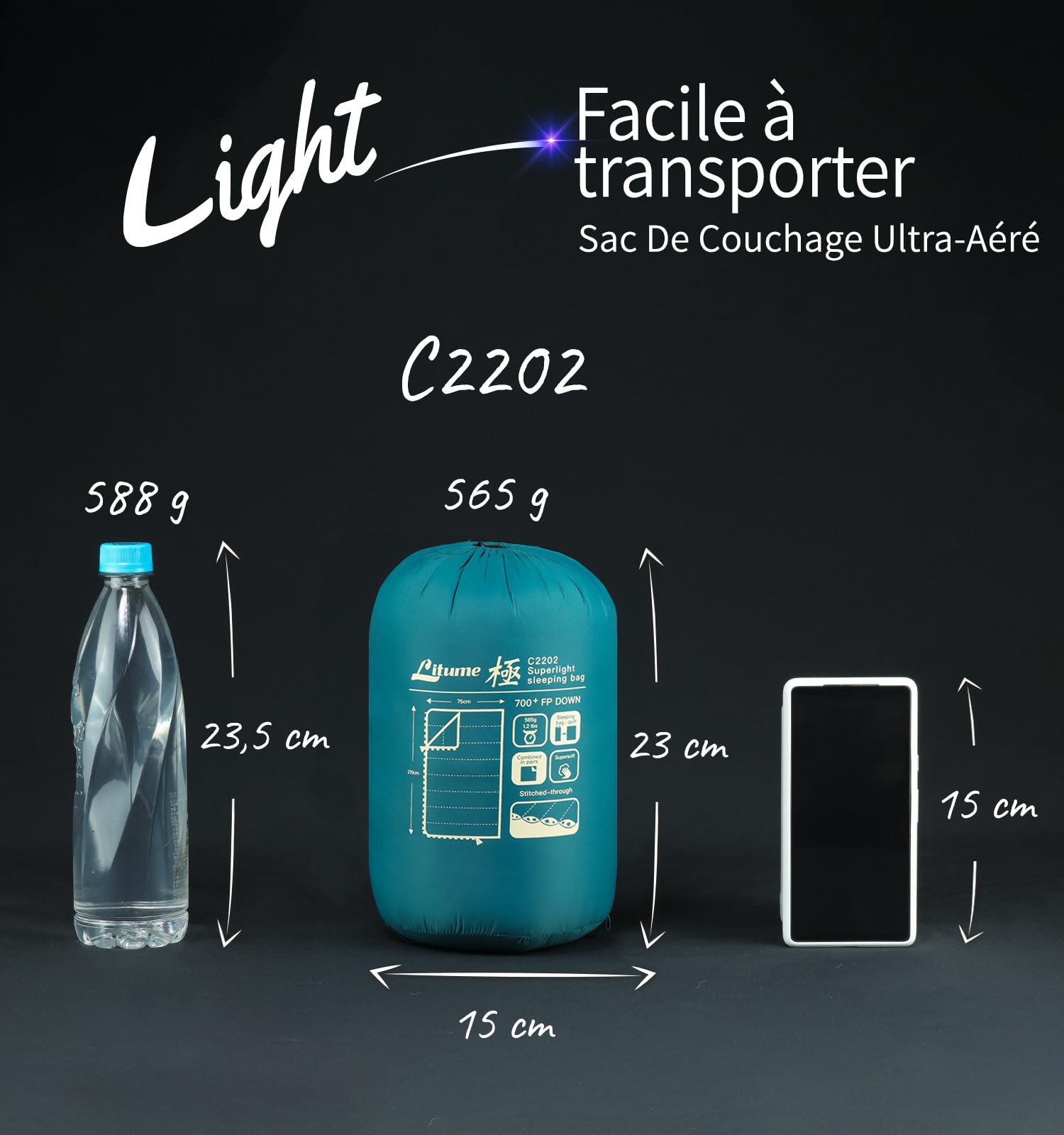 Saco de Dormir combinable Litume de plumón, 565g, 15°C, Ligero, Compacto para Adultos, Saco de Dormir Doble, para mochileros, Camping, Familia, Compacto con Bolsa de Almacenamiento(Verde Azulado)