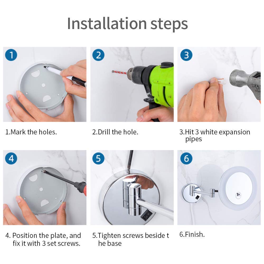 Specchio per Il Trucco da Bagno Specchio da Barba con Specchio cosmetico USB Girevole a 360 Gradi Montato a Parete da 8 Pollici su Due Lati