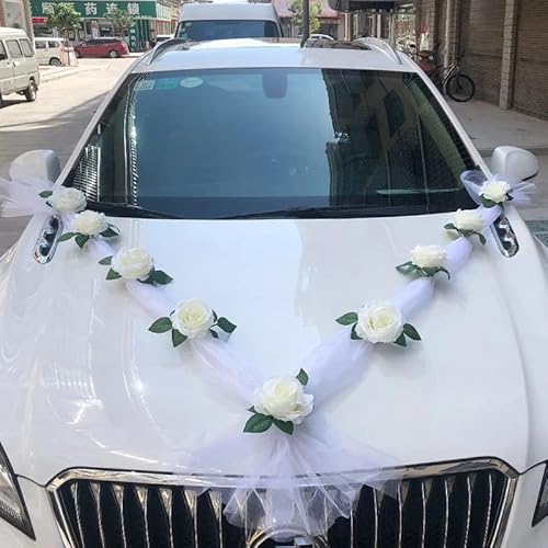 Yulakes Auto Schmuck Organza Braut Paar Rose Deko Dekoration Autoschmuck Autodeko Auto Blumenschmuck Hochzeit Car Auto Wedding Deko Girlande Hochzeitsschmuck Hochzeitsauto Deko (weiß) Cover