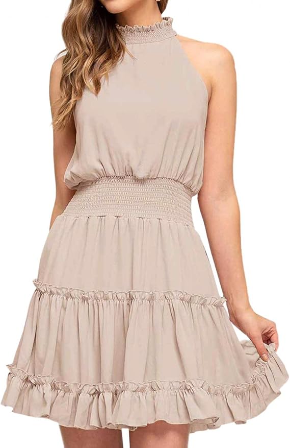 Amazon Co Jp ワンピース レディース 春夏 Dafanet ノースリーブ プリーツドレス ホルターネック ゆったり ドレス レディース 夏 お洒落 無地 スカート シンプル オシャレ ワンピースドレス ワンピース きれいめ パーティー 体型カバー 着痩せ 普段着 部屋着 服