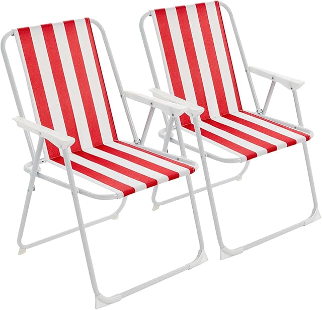 Harbour Housewares 2x Red Stripe Folding Metal Beach Camping Chair Portable Garden Armchair - Foldable Lightweight Outdoor Picnic Seat