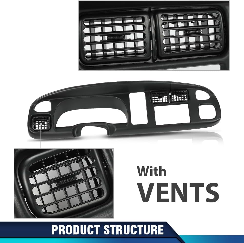 PIT66 Black Dash Board Bezel Cover with Vent Compatible with Dodge Ram 1500 1998-2001/Fit Dodge Ram 2500 3500 1998-2002 Car Radio Stereo Double Din Dash Kit