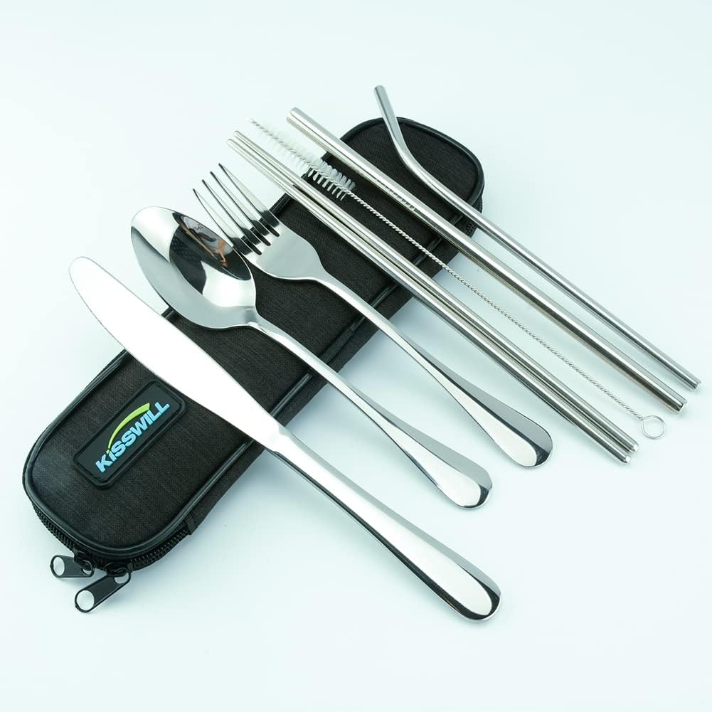 Travel Utensils Set, Healthy & Eco-Friendly 8 Pieces Travel Utensils Include Knife Fork Spoon Chopsticks Straws and Carry Case, Cutlery Set with Chopsticks, Dishwasher Safe