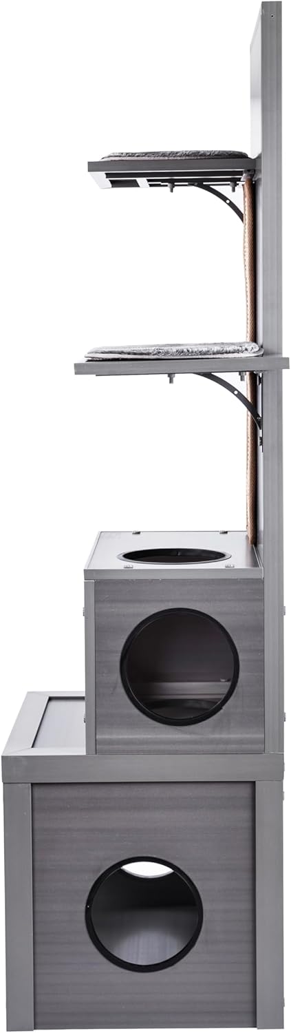 New Age Pet ECOFLEX Kitty Climber Cat Tree with 2 Cubes, 2 Shelves, Sisal Scratch Pad, 60" Tall, Moisture and Odor Resistant Indoor Cat Furniture, Grey