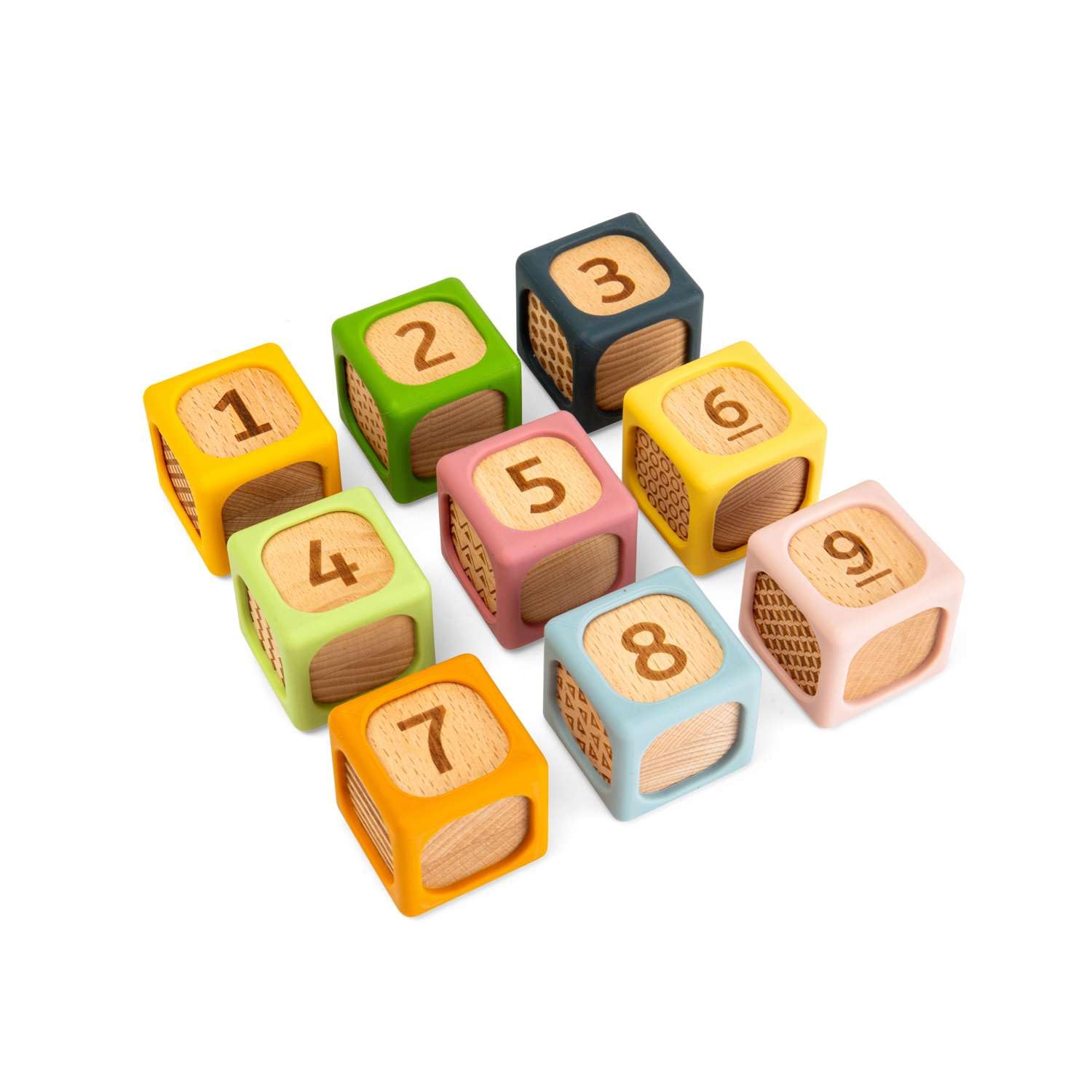 Bigjigs Toys Miękkie klocki do sortowania, zestaw silikonowych i drewnianych klocków dla niemowląt, kostki Montessori do układania w stos, miękkie zestawy kostek z numerami, zestaw zabawek dla dzieci