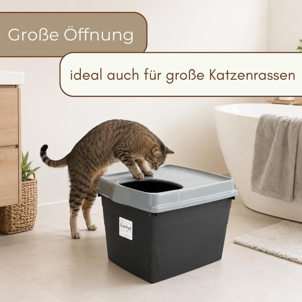 Hop In Katzenklo XXL Katzentoilette Geschlossen mit Deckel Katze Klo Top Entry Katzen WC Jump-In Katzentoiletten Einstieg Oben für große Katzen Haubentoilette Schwarz