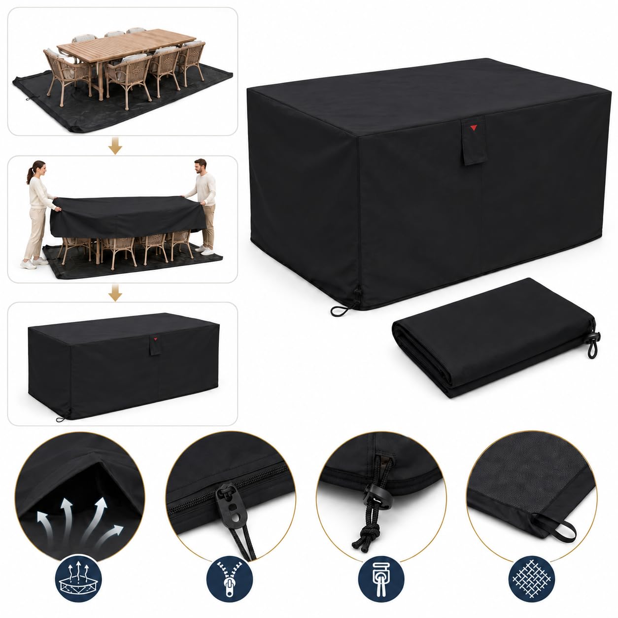 HOME It Garden Housse salon de jardin 235×180×95 cm - Oxford 600D enduit PVC, imperméable, protection UV, 2 aérations, fermeture éclair & cordon, noir