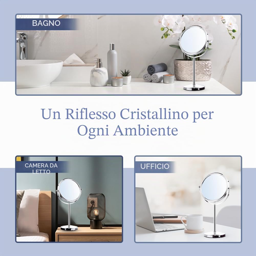 Mirrorvana Specchio Trucco Ingranditore 10X / 1X, Specchio da Tavolo da Bagno, Specchietto Telescopico x10 per Truccarsi, Specchio da Appoggio, 18cm (Cromato)
