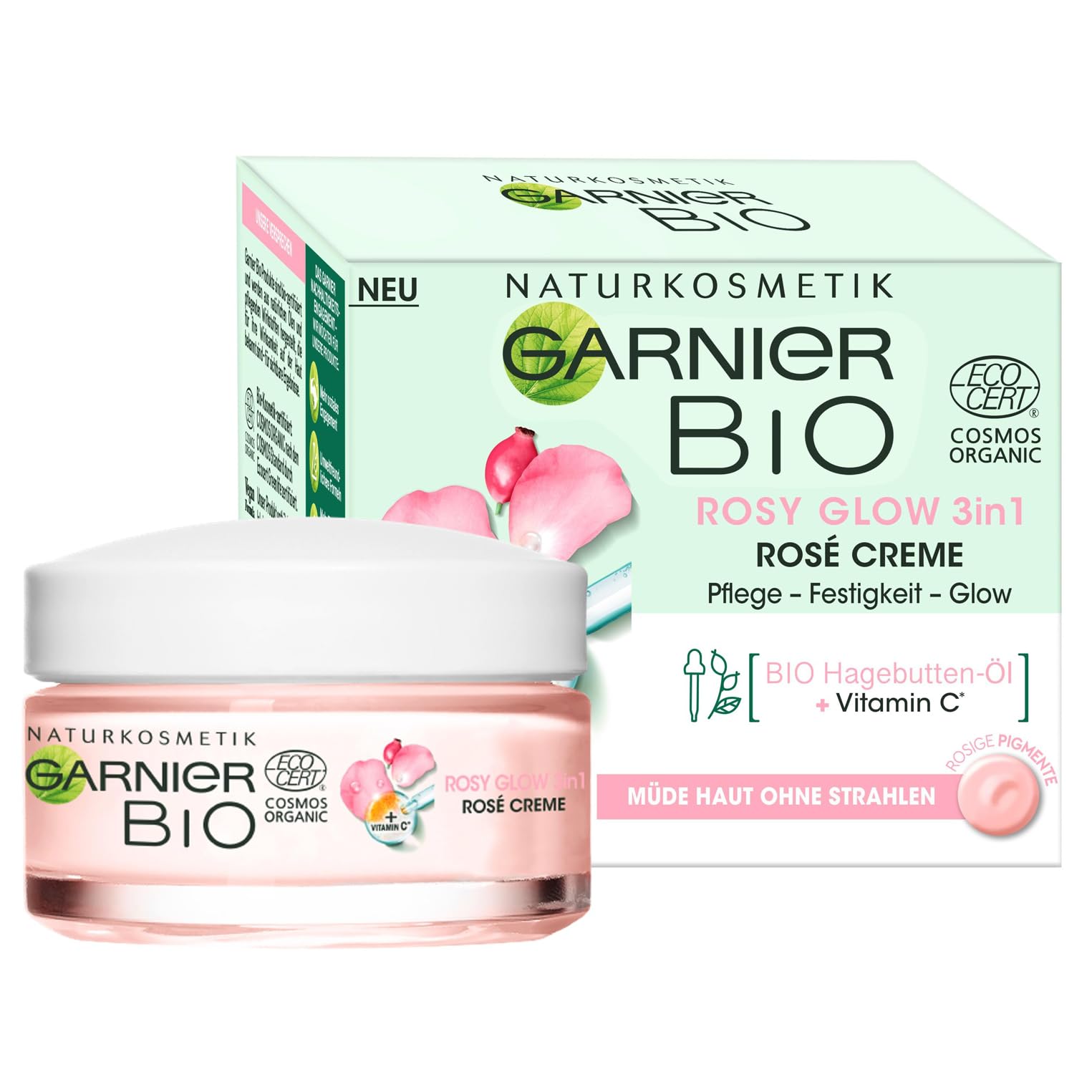 Garnier Gesichtscreme für müde Haut ohne Strahlen, Für einen jugendlichen Glow, Pflege und Festigkeit, Mit Bio-Hagebutten-Öl und Vitamin C, Garnier Bio Rosy Glow 3in1, 50 ml