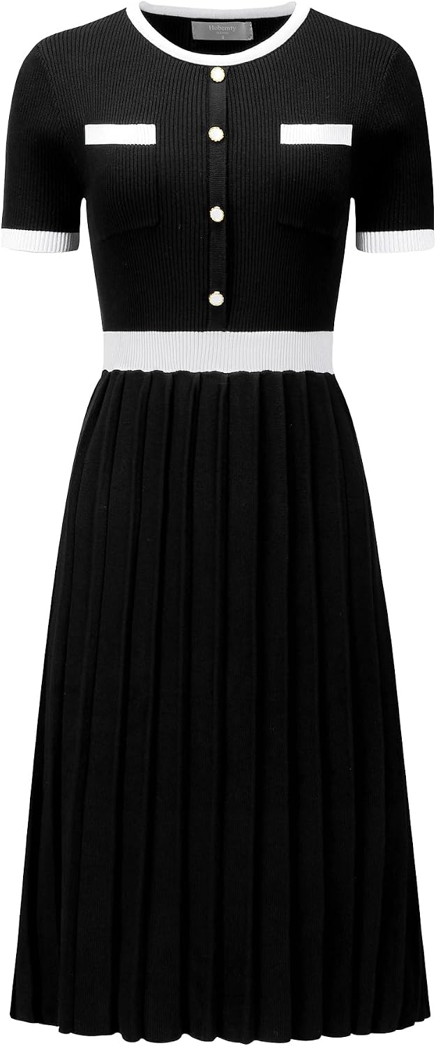 Hobemty Women's Pleated Sweater Dress Ribbed Contrast Color Elegant Dress