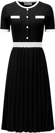 Hobemty Womens Pleated Sweater Dress Ribbed Contrast Color Elegant Dress