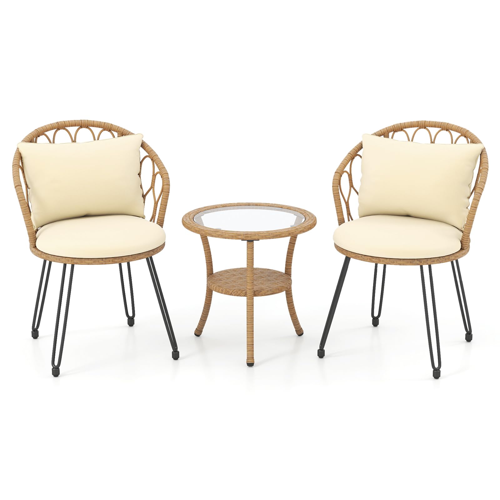 LIFEZEAL Set di 3 pezzi con tavolo in vetro temperato, cuscini per seduta e schienale, mobili da esterno per balcone, terrazza (55,5 x 57 x 81 cm)