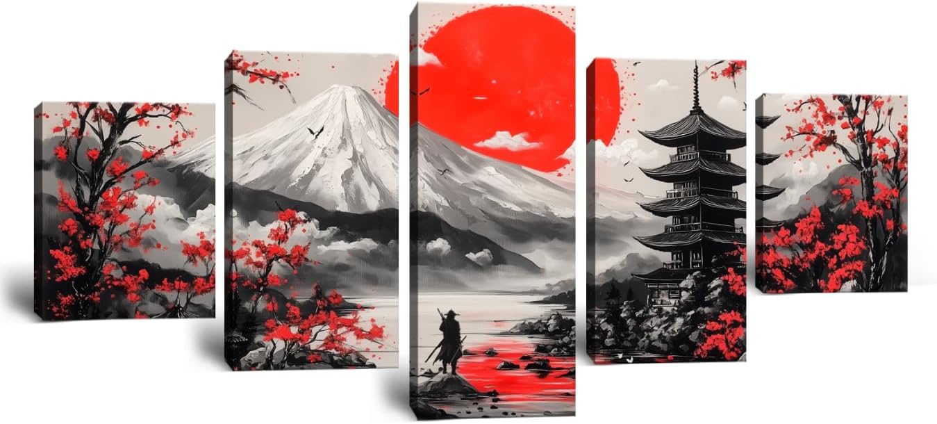 Asian Theme Japanese Warrior Wall Decor Red Sun Cherry Blossom Mount Fuji Pictures for Living Room Bedroom Office Home Decoration Canvas Prints Framed 5 Piece