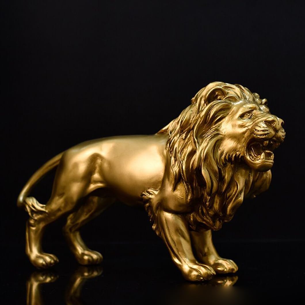 10 Inch Lion Statue Figurine Sculpture Resin Collectible Gifts for Lion Lover Office Home Decor Desk Accessories Decoration Garden Figurines Outdoor Decor Gold - Image 2