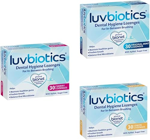 Luv Biotics Frescura sobre la marcha con sabores naturales de menta, cereza y limón, probióticos y xilitol promueven buenas bacterias para un
