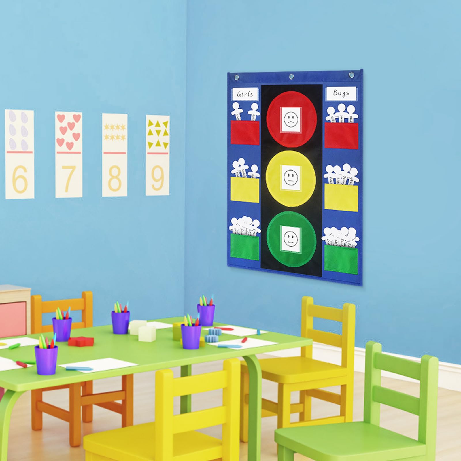 Tableau De Comportement Enfants Feux Tricolores - Poches Pour Cartes Prénoms, 49x66 Cm, Marqueurs Effaçables Inclus - 13