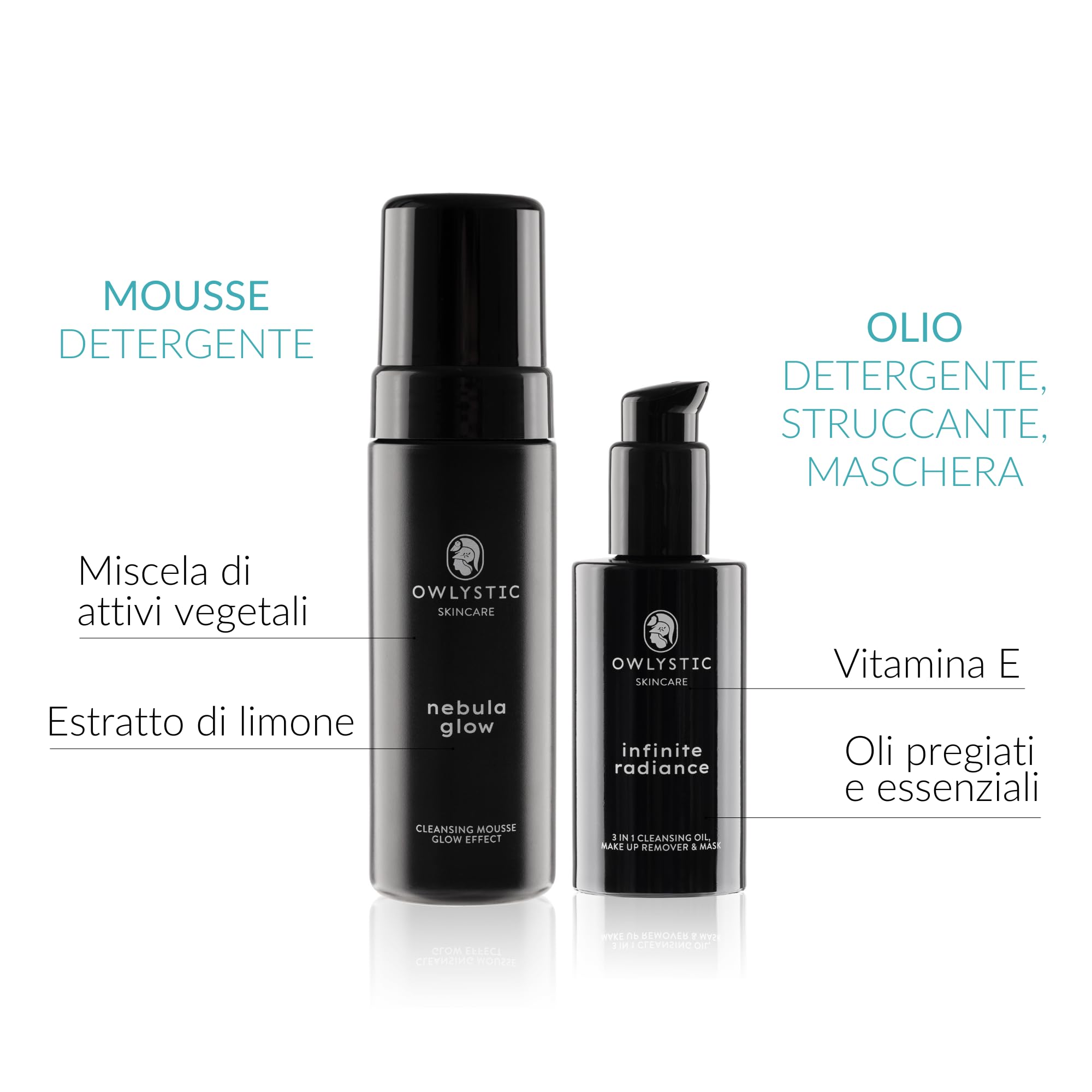 OWLYSTIC Set de Aceite y Mousse Limpiador Facial para Pieles Sensibles - BIO Vegano 100% MADE IN ITALY - Aceite Facial 3 en 1 con Vitamina E y Aceites Preciosos + Mousse Limpiador Desmaquillante