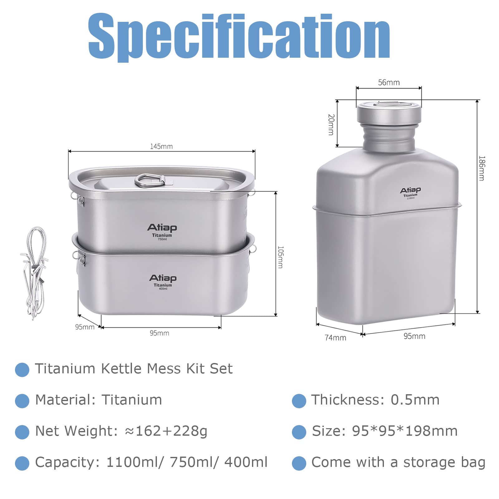 ATiAP Titanium Canteen Mess Kit with Water Bottle Pot, Ultralight Portable 1100ML Pot with 750ML and 400ML Stackable Cups for Outdoor Camping Hiking