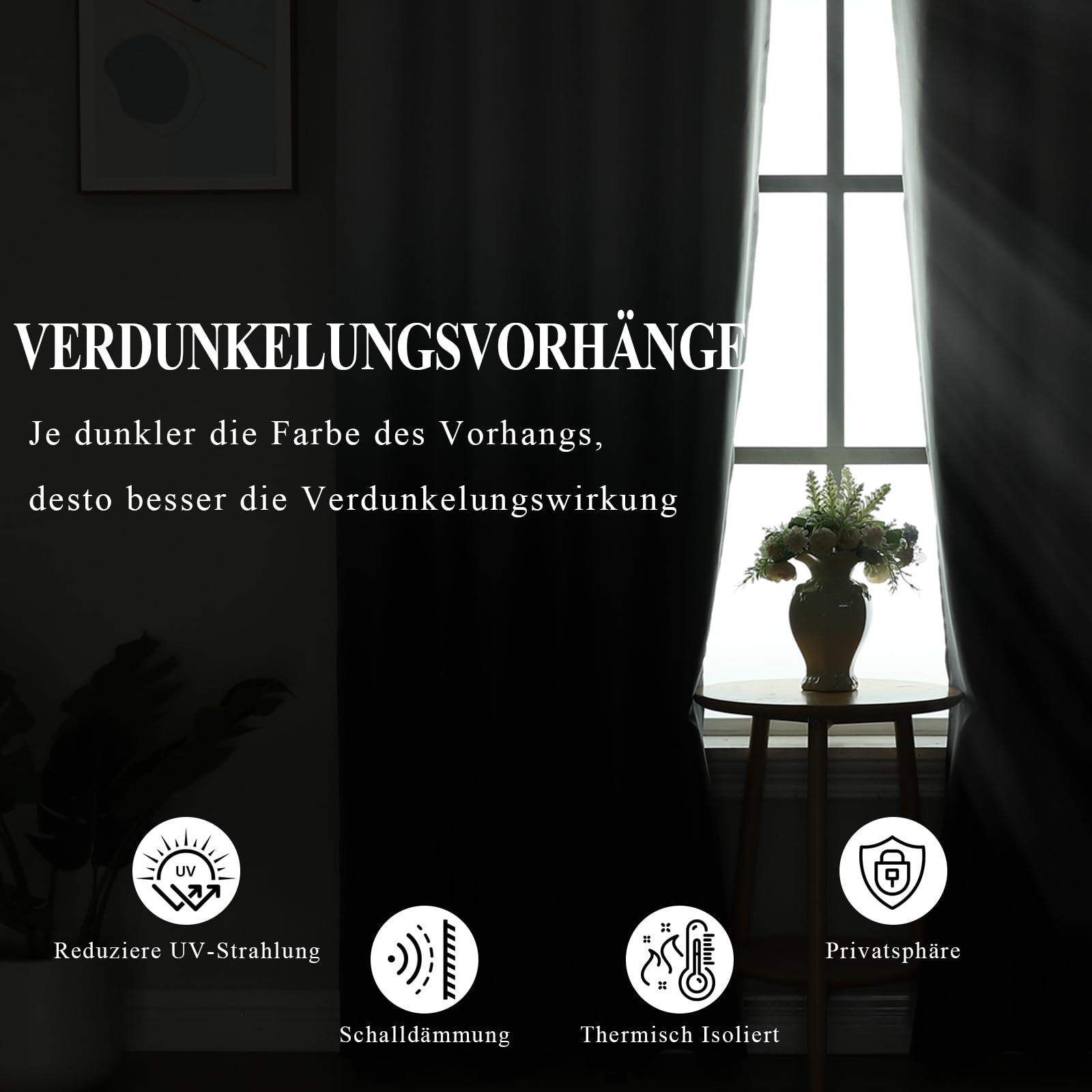 Verdunklungsvorhänge mit Kräuselband, Schwarz und Weiß Vorhänge Blickdicht Schlafzimmer, Ombre Gardinen Schienensystem, 2er Set Thermovorhang Kälteschutz Blackout Curtain, H214 x B132 cm