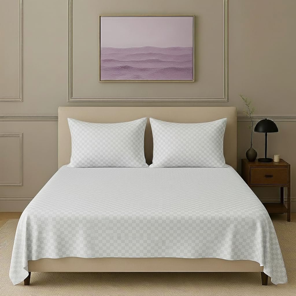 Trance Home Linen Premium Pure 100% Cotton 300TC Jacquard Weave Queen Size Flat Bedsheet with 2 Pillow Covers | Hypoallergenic & Ultimate Comfort for Skin (86 x 104 inch, White)