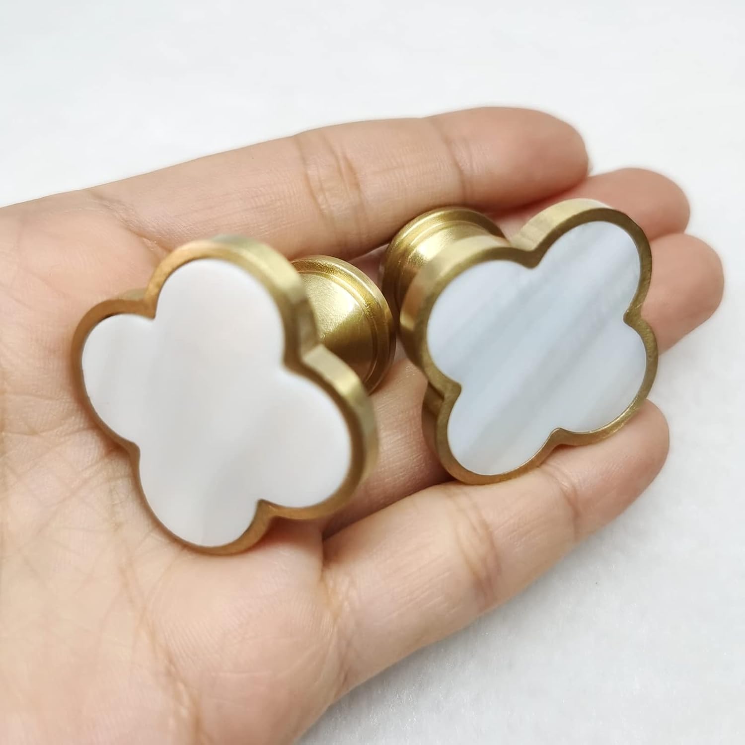 6Pack Modern Brass Clovers Cabinet Drawer Dresser Knobs Decorative Shell Kitchen Cupboard Pulls Gold Furniture Door Marble Knob Handles (6)