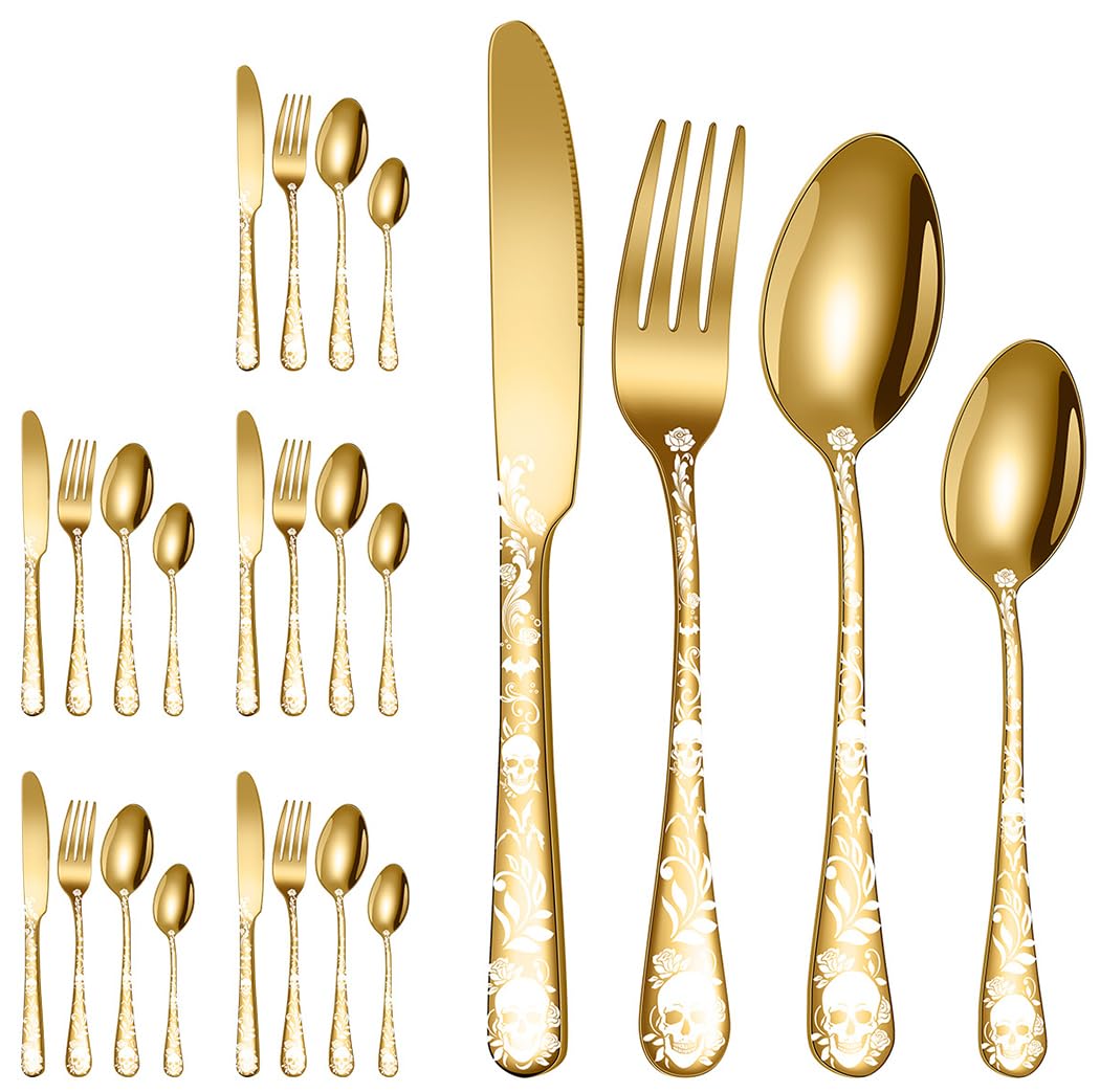 XIAOYU Halloween Skeleton Silverware Set, 24 Piece Stainless Steel Flatware Set Service for 6