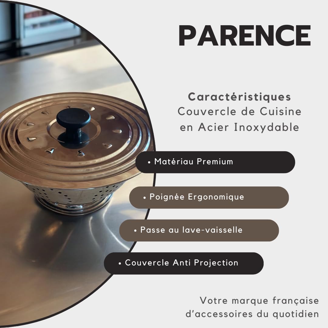 Couvercle de Cuisine en Acier Inoxydable 16-24 cm Anti Projection avec Poignée Ergonomique Argenté