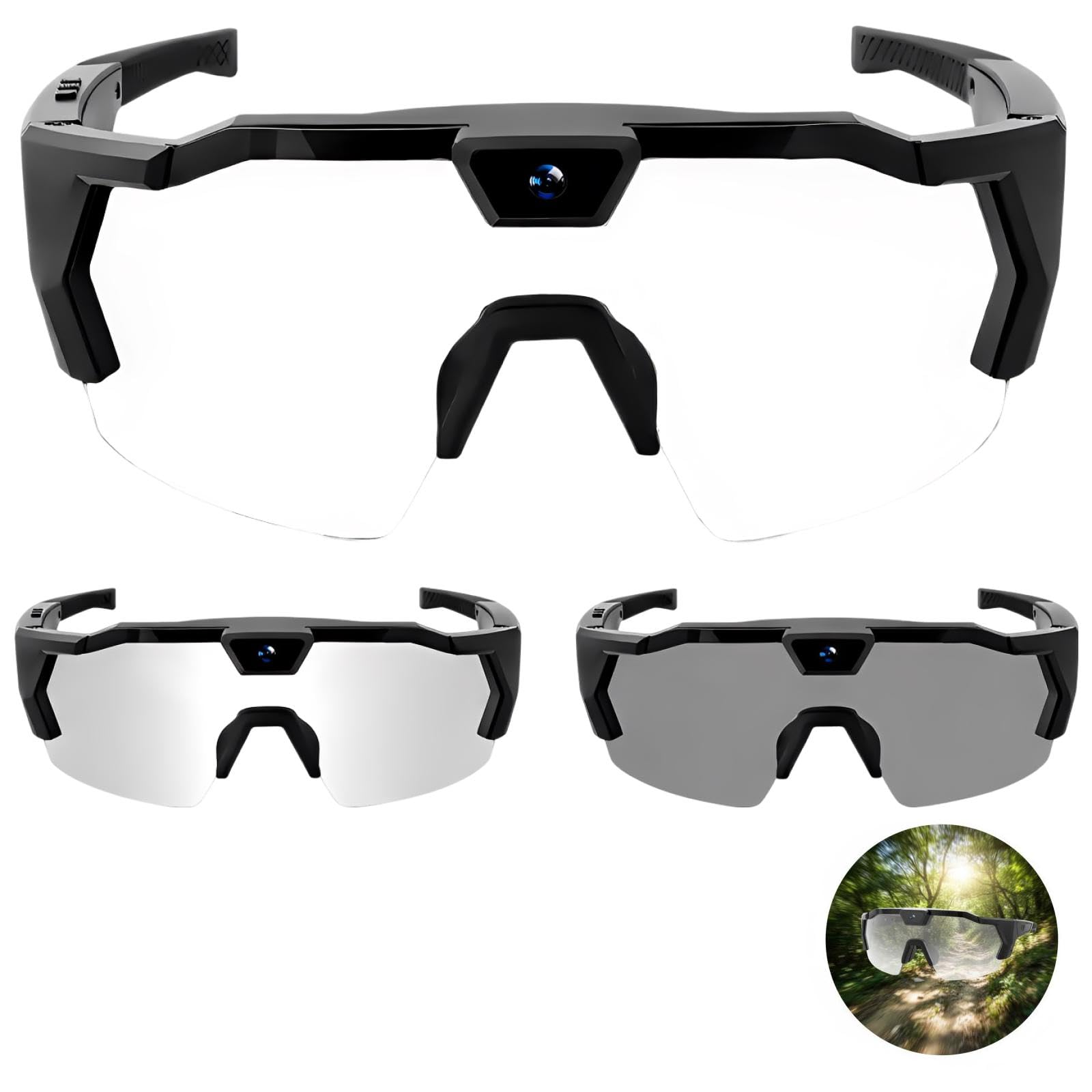 Occhiali POV con scheda TF da 16 GB, lenti fotocromatiche con rilevamento della luce, occhiali intelligenti con fotocamera per video e foto, per sport, ciclismo, escursionismo, sci