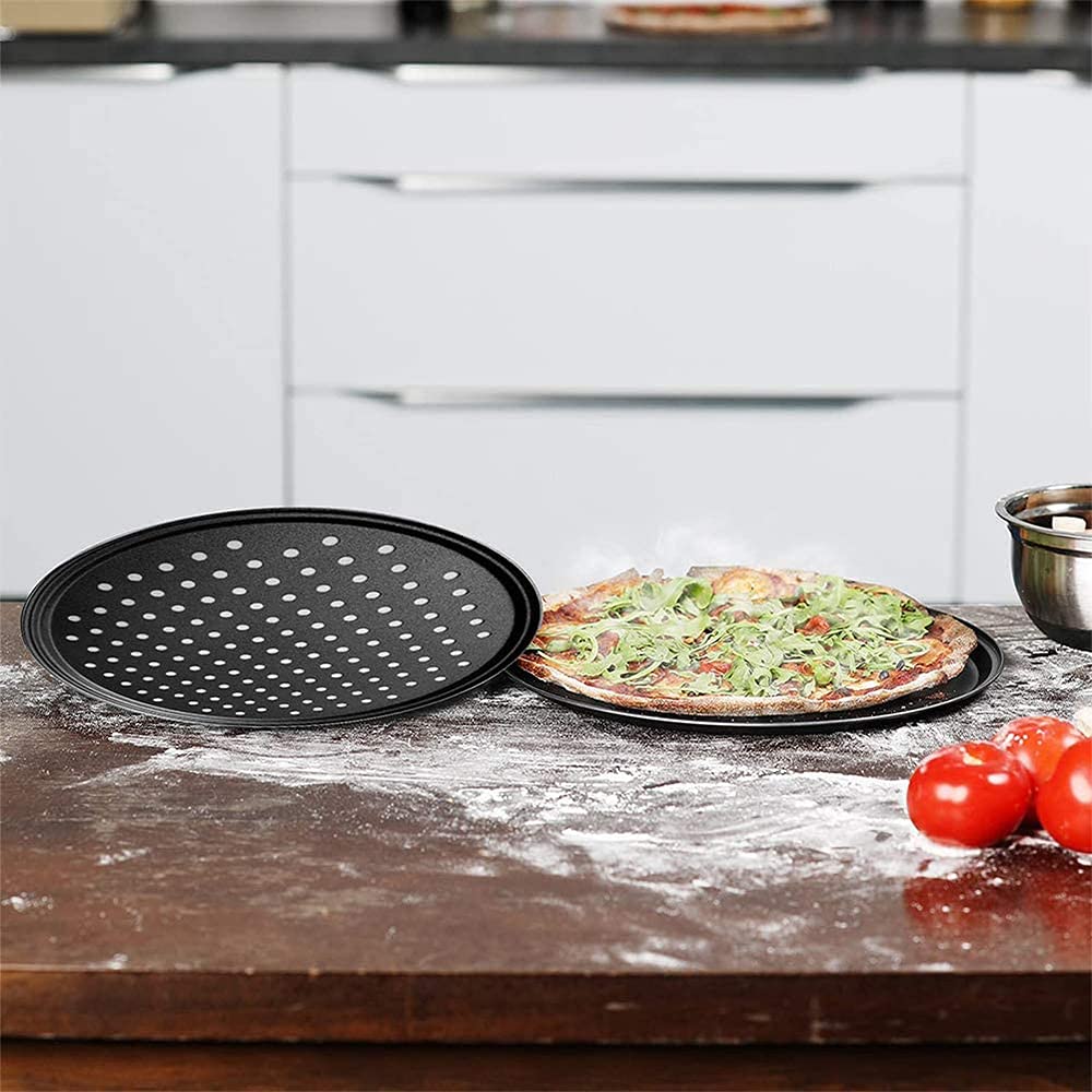 2 Pezzi Antiaderente Teglia per Pizza, Rotonda Teglia per Pizza, Acciaio al Carbonio Teglia per Pizza, Ottimo per Uso Domestico E per Feste, Utilizzato per Preparare Una Varietà di Pizze, Torte