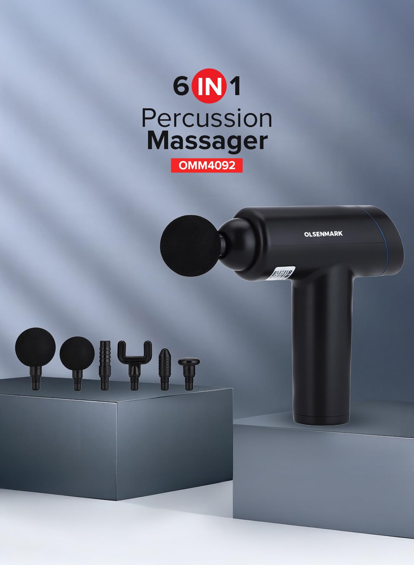 Olsenmark 6-in-1 Percussion Massage Gun – Cordless & Rechargeable Deep Tissue Massager with 6 Detachable Heads, 6 Speed Levels, Ergonomic Grip for Full-Body Pain Relief, Stress Reduction, Black